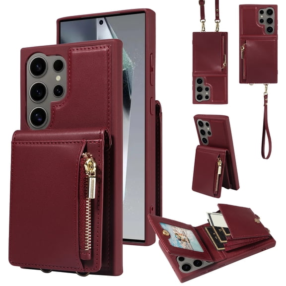 Feishell for Samsung Galaxy S24 Ultra Crossbody Wallet Phone Case with Hand Strap & Shoulder Strap,Premium PU Leather RFID Blocking Card Slots Zipper Pocket Back Purse Kickstand Phone Case,Winered