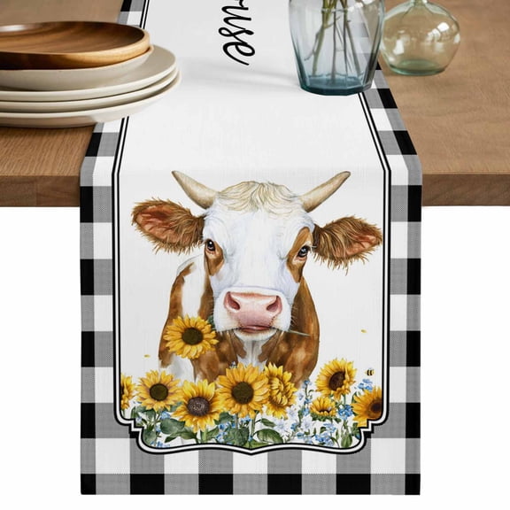 Table Runner 60 Inches Long for Kitchen Dining, Yak Sunflowers Dresser Scarf Farmhouse, Dining Table Decorations for Wedding/Parties, Yellow Floral Black White Checkered Pastoral 13 x 60 In