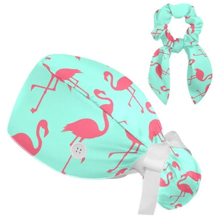 

Working Cap with Buttons and Sweatband Scrub Hat Bouffant Caps with Scrunchie Flamingo Tie Back Hats