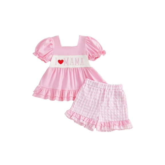 BemeyourBBs Toddler Baby Girl Summer Clothes Mothers Day Fathers Day Outfit I Love Mama Daddy Heart Letter Embroidery Short Sleeve Tunic Shirt Tops and Plaid Shorts Set