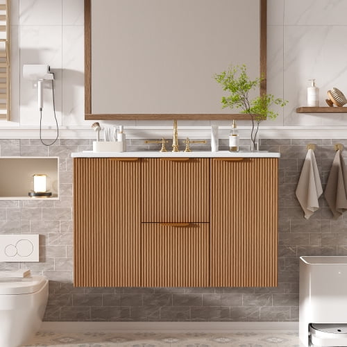 36 Inch Floating Bathroom Single Vanity with ceramic Top, MDF Cabinet, Soft Close Doors, Divided Drawers