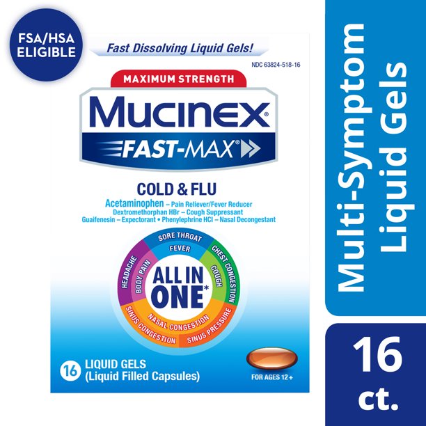 Mucinex Fast Max Maximum Strength Cold Flu All In One Multi Symptom Relief Pain Reliever Fever Reducer Cough Suppressant Expectorant Nasal Decongestant 16 Liquid Gels Walmart Com