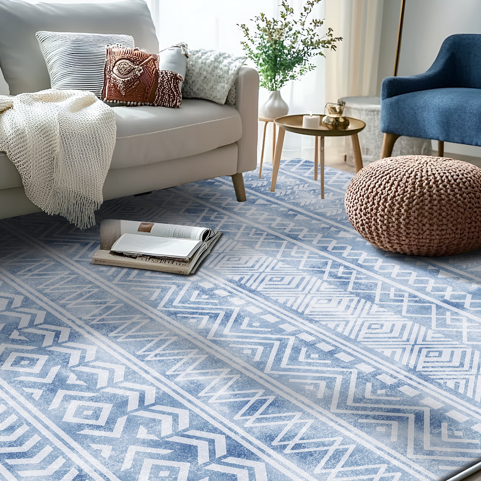 Pentantan Area Rugs 5'x7', Machine Washable Neutral Geometric Living Room Rug, Soft Moroccan Indoor Carpet for Bedroom, Blue