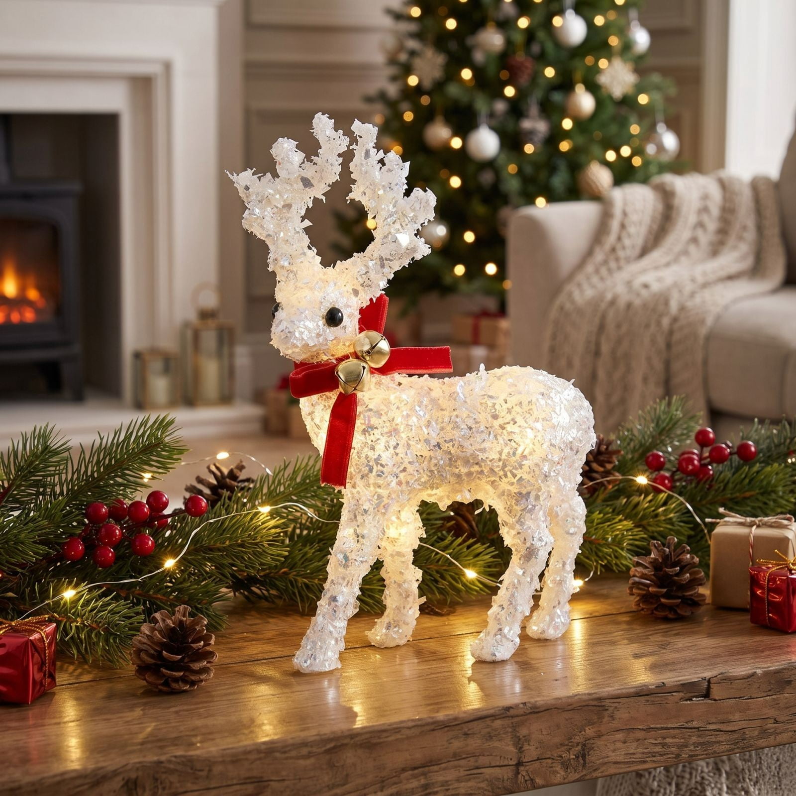 Glitter Reindeer Christmas Tabletop Decor, Standing Deer Figurine with Velvet Bow and Bell Accents for Holiday Mantel Shelf Centerpiece, Red