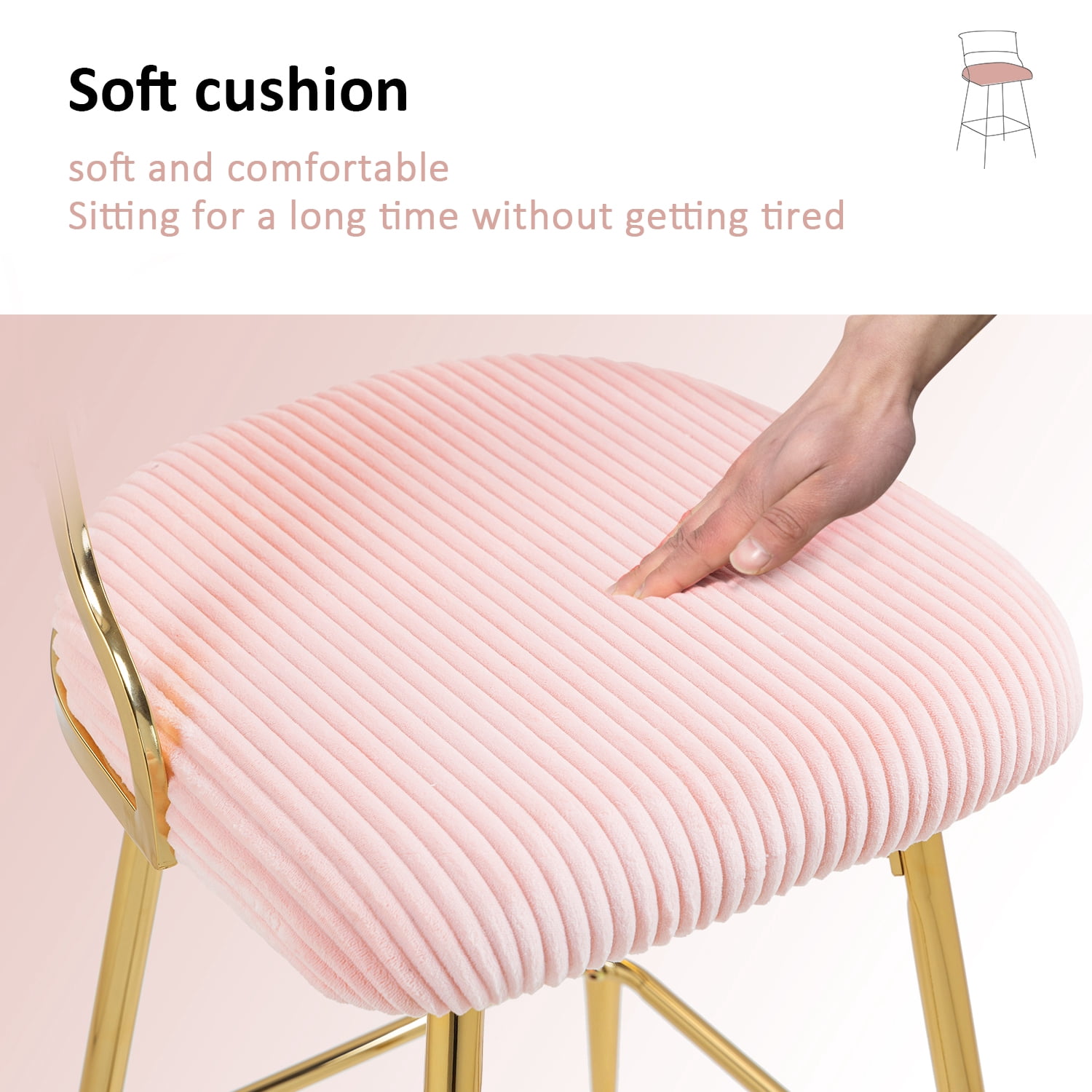 Peispie 25" Counter Height Bar Stools Set of 2, Modern Corduroy Barstools with Low Back and Gold Metal Legs, Padded Kitchen Island Chairs with Footrest for Home Bar, Pink