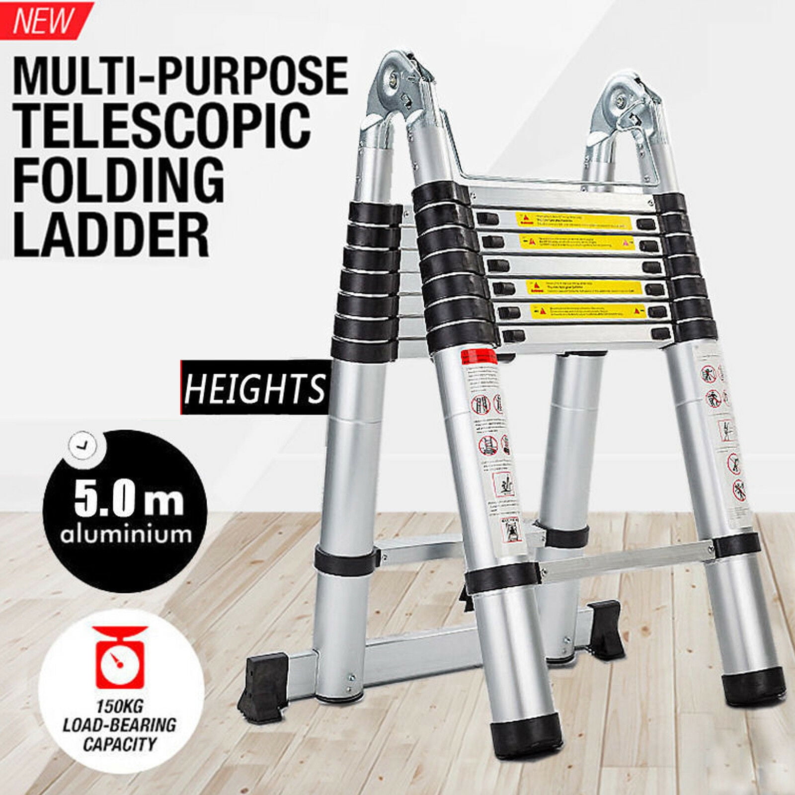 16.5FT A-Frame Multi-Purpose Aluminium Telescopic Folding Ladders 16 Steps 150KG 
