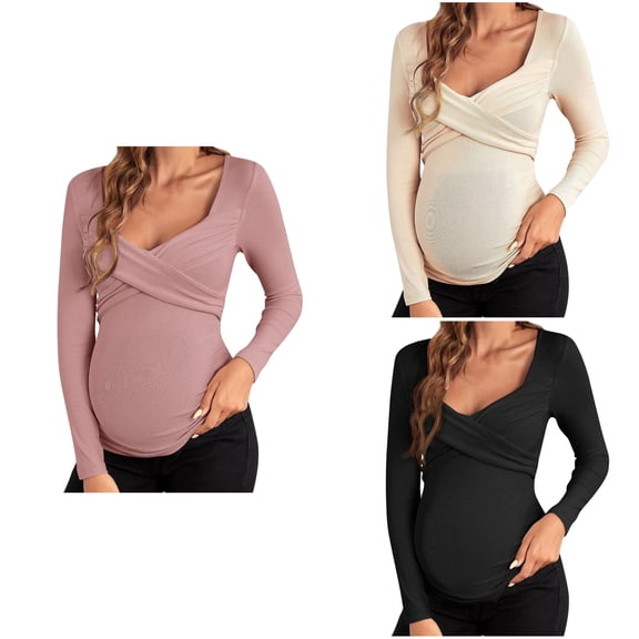 Loopsun Womens Tops, Shirts for Maternity, Women's Solid V Neck Long Sleeve Nursing Maternity Tops Black, S