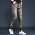 thumbnail image 2 of Pantalones vaqueros ajustados para hombre, pantalones vaqueros ajustados con estampado punk y estilo callejero japonés retro, 2 of 5