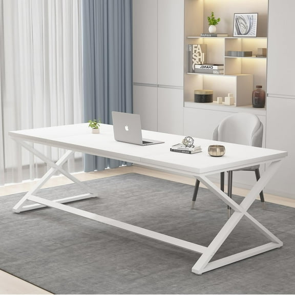 IBF Long White Computer Desk, Modern Simple Large Home Office Desk, Wood Metal Work Study Writing Table for 2 Monitors, Double Pc Gaming Executive Workstation in Bedroom Living Room, White Oak,70 in