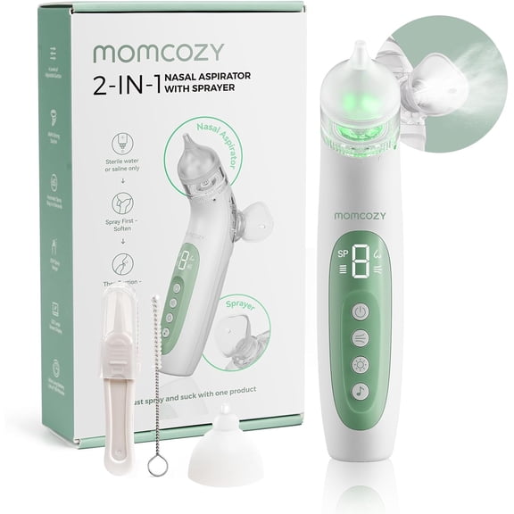 Momcozy BreezyClear™ 2-in-1 Electric Nasal Aspirator with Spray, Nasal Aspirator for Baby, 65kPa Nose Sucker with 4 Adjustable Suction Levels, Portable Electric Nose Cleaner, Light & Music Soothing