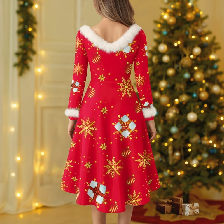 Christmas Party Printed Dresses For Women Vintage Christmas Midi Dress,  Casual Dresses, Cocktail Dress, Party Festive Dresses, Holiday Print, Retro  Style,Red,M - Walmart.com