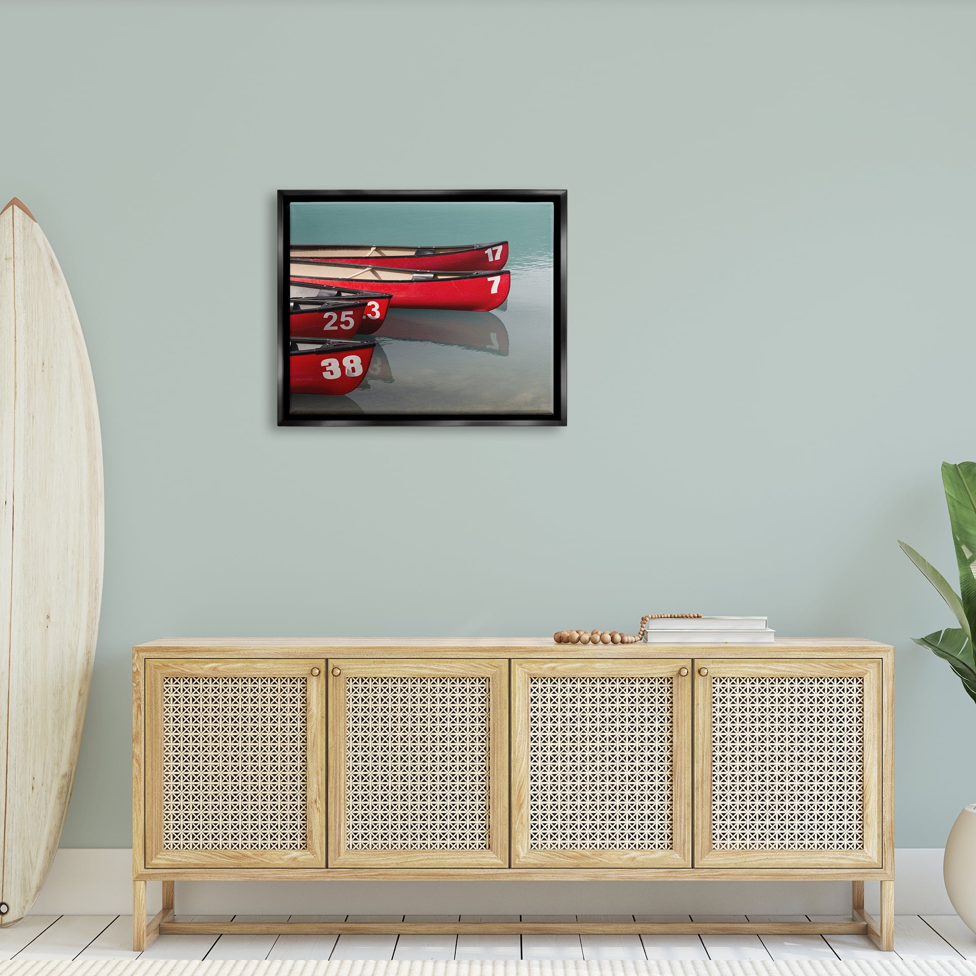 Stupell Red Canoes Summertime Lake Landscape Photography Black Floater Framed Art Print Wall Art