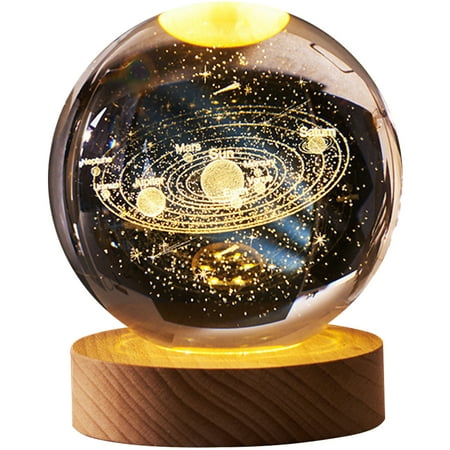 

3D Planets Crystal Ball with Wooden Base Glowing Solar System Crystal Ball Rechargeable Crystal Ball Light Engraved Crystal LED Night Light Portable Night Lamp Crystal Ball Decoration for Home Kids