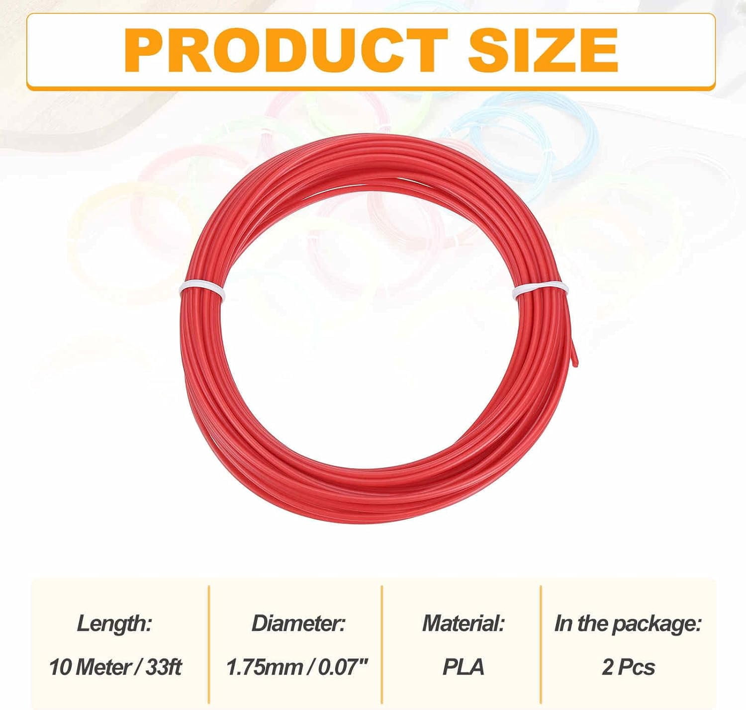 2 Pcs 3D Pen Filament, 1.75mm Dia 33ft Each Length PLA 3D Printing Pen Filament Refills for 1.75mm 3D Printing Pen, Red