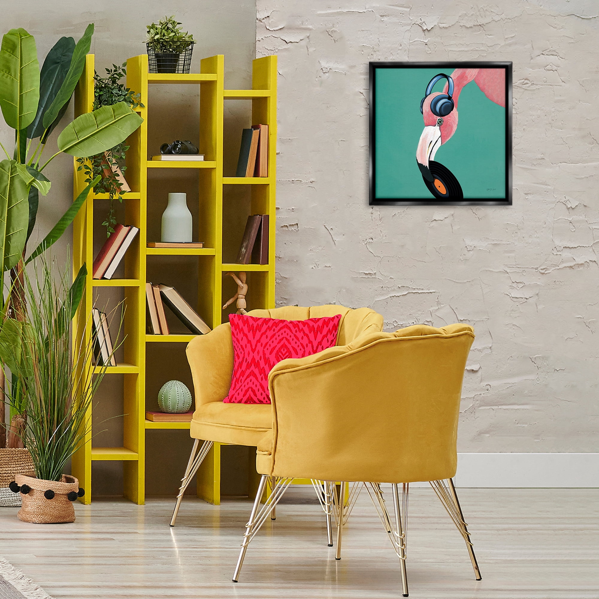 Stupell Industries Flamingo with Music Record Entertainment Painting Black Floater Framed Canvas Art Print Wall Art, 18 x 18