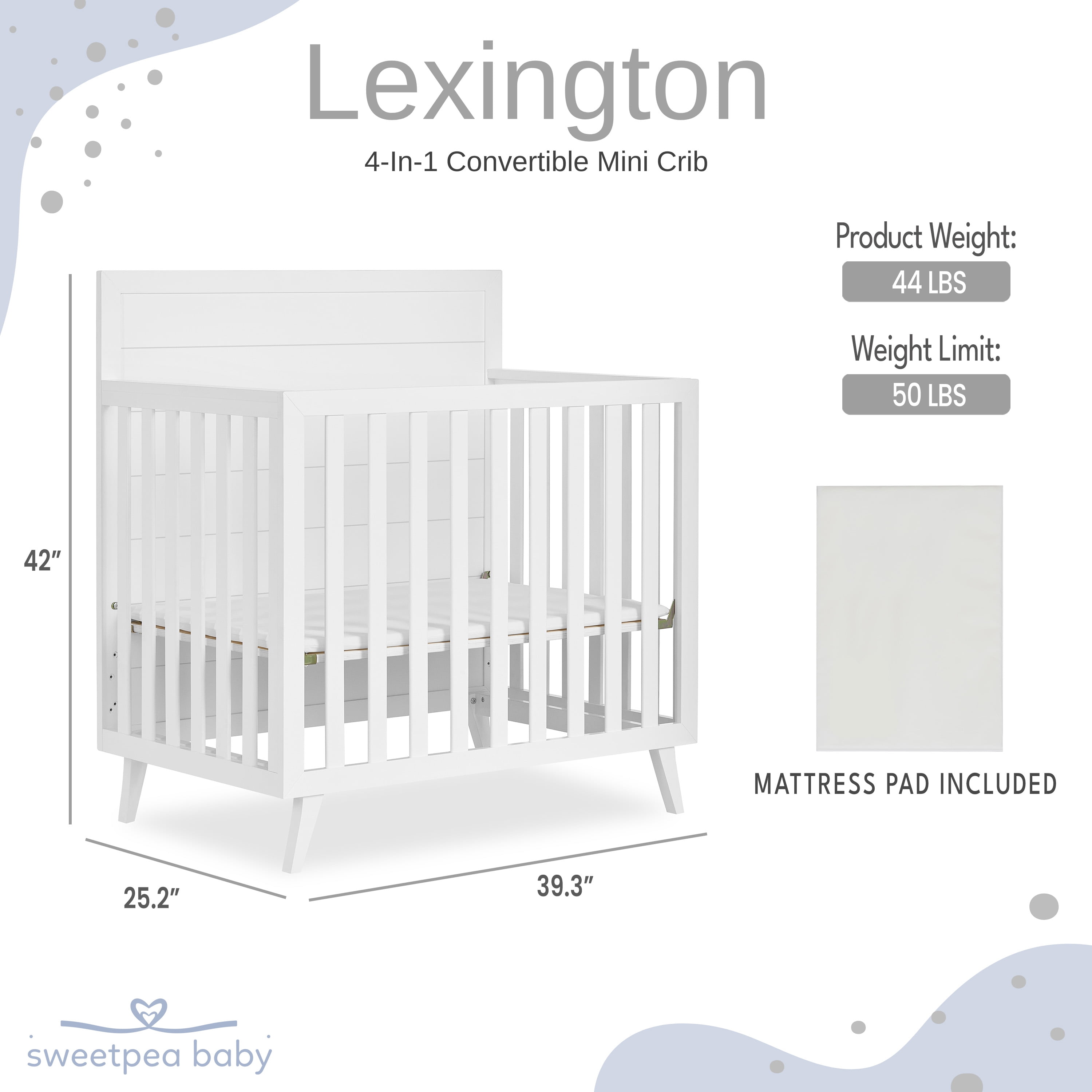 Dream On Me Lexington 4 in 1 Baby Convertible Mini Crib, Sustainable New Zealand Pinewood, White