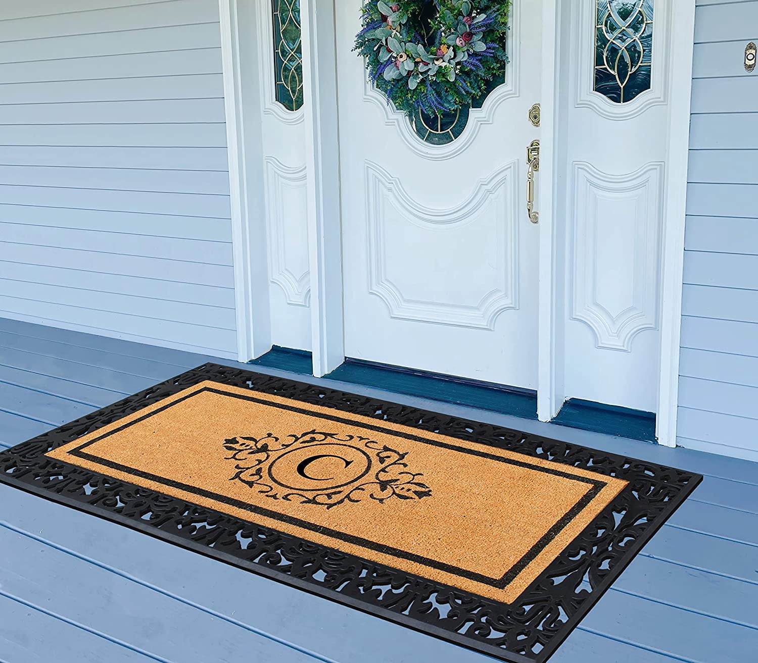 A1HC Natural Coir and Rubber Black Paisley Hand-Flocked Monogrammed Doormat, 30"x60", Durable Low Profile Heavy Duty Outdoor Front Door Mat