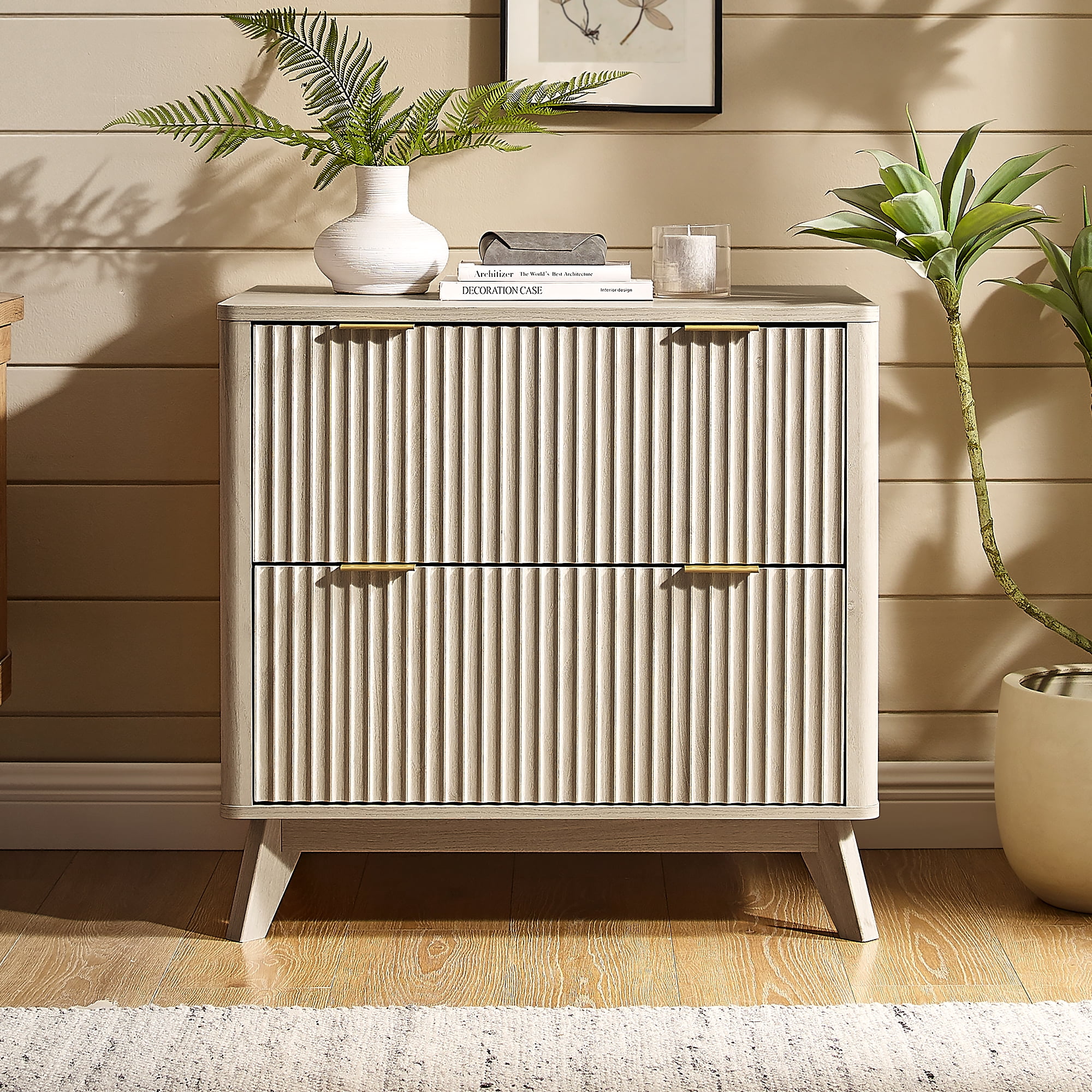 Keywhat Lateral File Cabinets with 2 Drawers, Modern Large Filing Organization with Fluted Texture Design for Letter/Legal/A4 Size Files, Home Office, White Alder