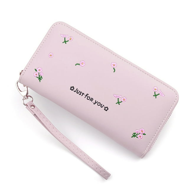 Portefeuille Long pour Femmes Mode Broderie Fleur Fermeture Éclair Porte-Cartes Pochette Portefeuille