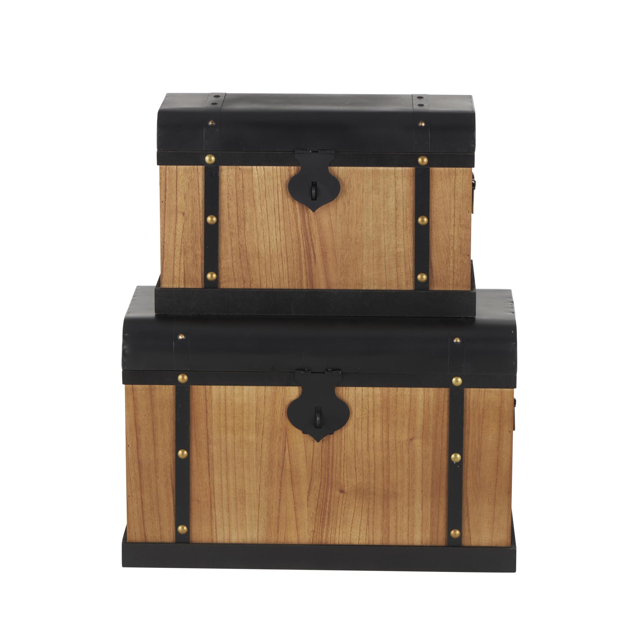 DecMode 24" x 16" Brown Wooden Storage Trunk with Black Metal Tops and Gold Studs, 2-Pieces