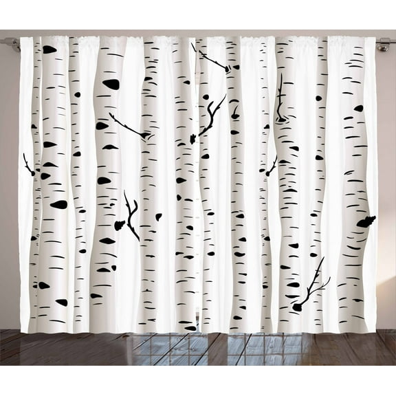 Ambesonne Birch Tree Curtains 2 Panel Set, Seasonal Woodland, 108" x 63", Black and White