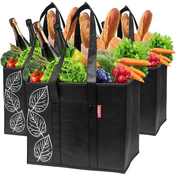 PLANET E BY ECO-STREAM Reusable Grocery Bags, 3-Pack Heavy Duty Foldable Shopping Bags with Long Handles, Large Collapsible Box Totes with Reinforced Hard Bottom, Black