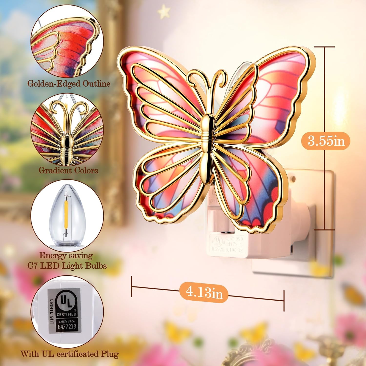 Butterfly Night Light, LED Butterfly Night Light Plug into Wall, Manual On/Off Switch, Monarch with Gold Trim Decorative, Energy Saving, 360° Swivel Plug, Girl Bedroom Bathroom Hallway(Orange)