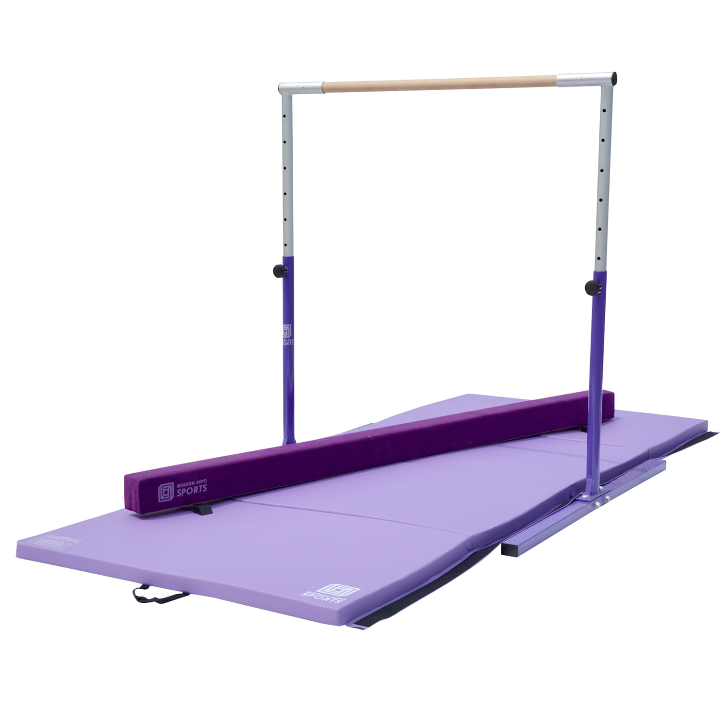 Modern-Depo Adjustable Height Kip Bar Pro w/Thick Folding Mat 8 10 Junior Training Gymnastics Horizontal Bar Beech Wood Purple 