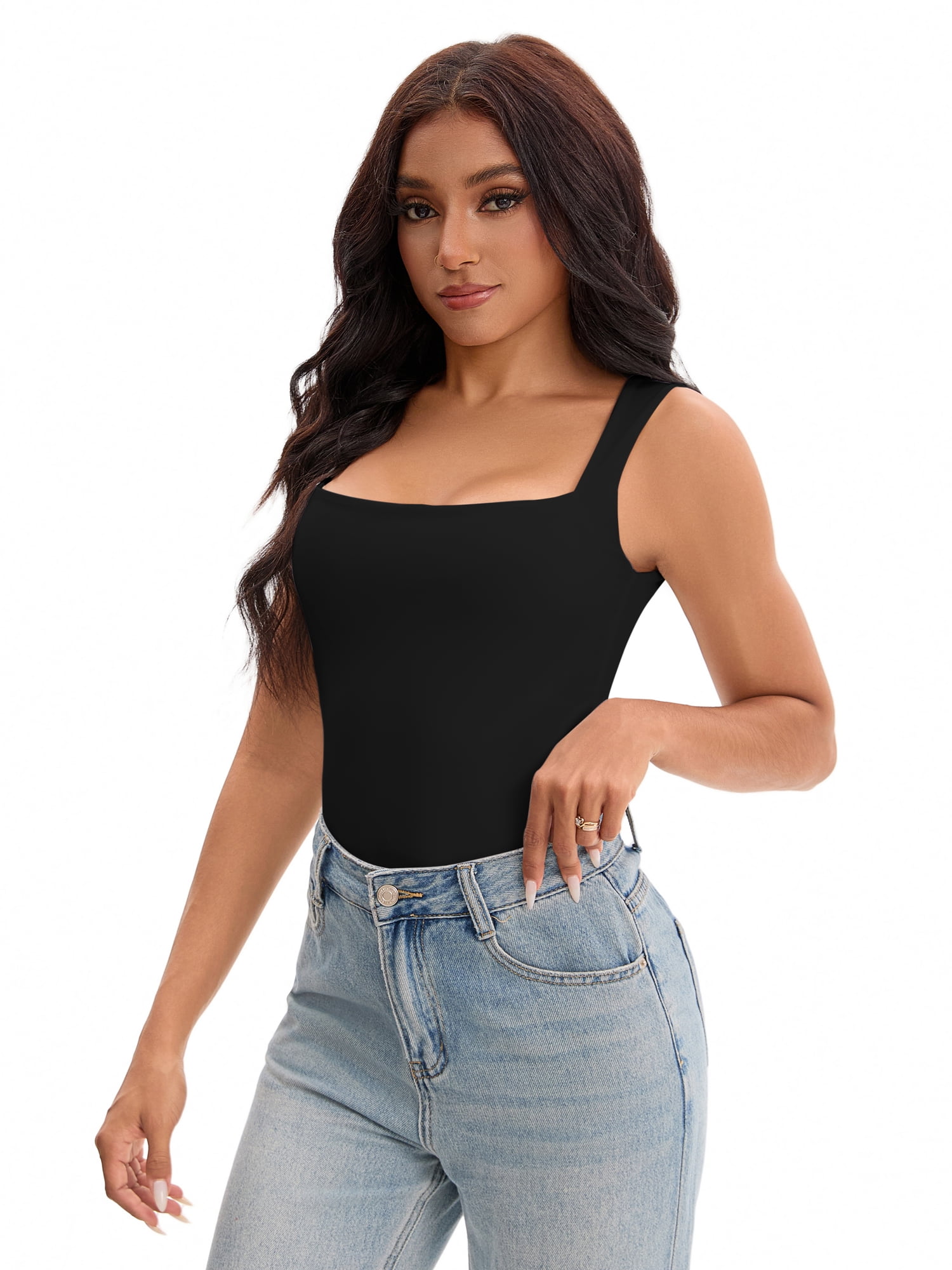 Unique Bargains Square Neck Sleeveless Tank Camisoles M Black