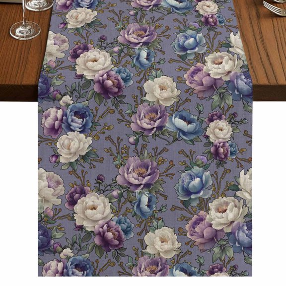 Table Runners 72 Inches Long Dress Scarves, Spring Flowers Farmhouse Kitchen/Dining Table Runner, Coffee Tablerunners, Farmhouse Retro Botanical Purple Blue Floral 13x72 Inch