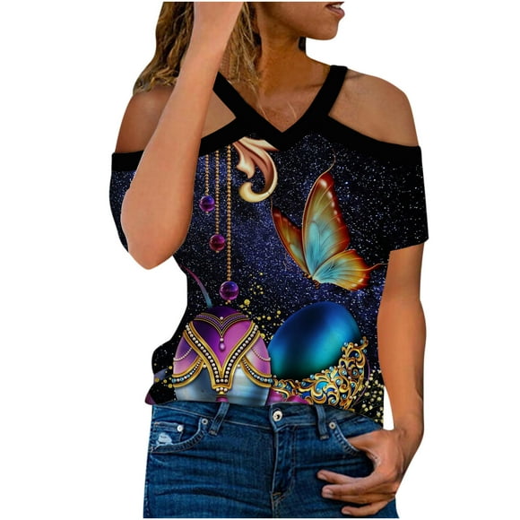 Pompotops Fashion Women's Casual Butterfly Print V Neck Halter Off Shoulder Short Sleeve T-Shirt Top