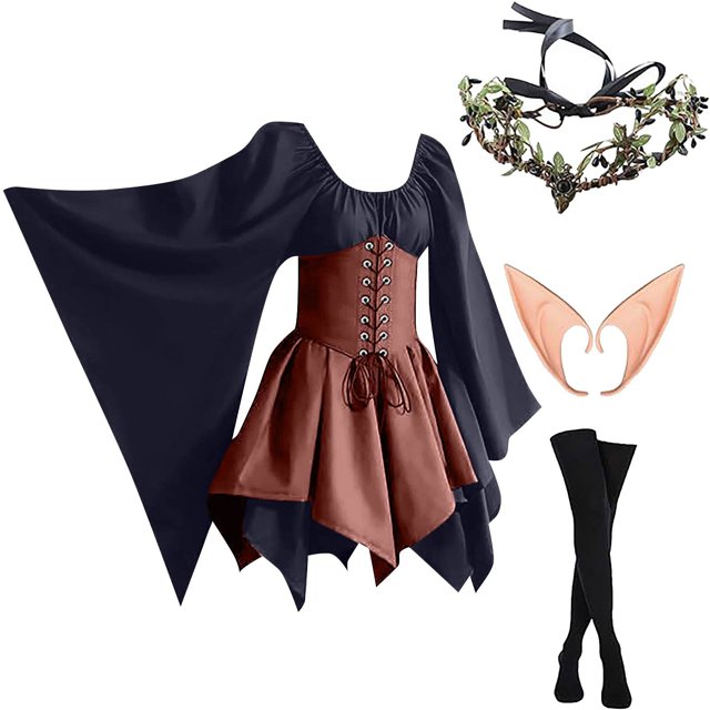 NMMUED 4 Pcs Costume Médiéval Femme Robe Renaissance Robe Victorienne pour Femme Costume Renaissance Femme, Marine 2 S