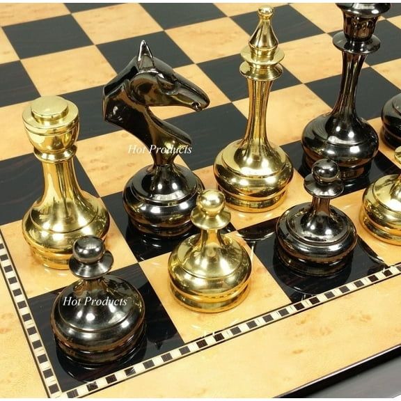 BRASS METAL Gold & Black Modern Slim STAUNTON Chess Set 15" Walnut Color Board
