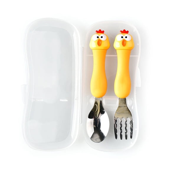 Baby Fork Spoon Set Stainless Steel Tableware with Ergonomically Designed Handle for Children Feeding Training To Promote Self-Feeding[Chicken Yellow]