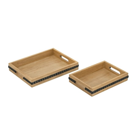 A&B Home Brown Wooden Rectangle Trays with Black Resin Accents and Cut-Out Handles 4S/CTN L:14x11x2" S:11.5x8.5x2" - Set of 2