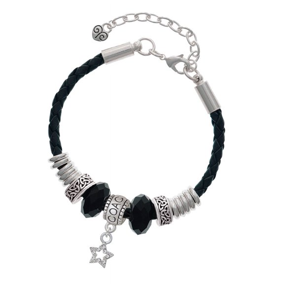 Delight Jewelry Silvertone Mini Clear Crystal Star Coach Celtic Knot Leather Bead Bracelet, 7" 2" Extender