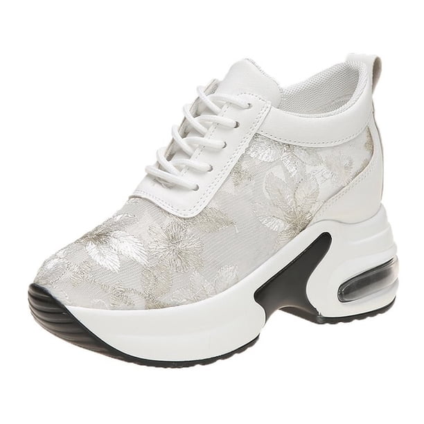 Zapatillas de plataforma de cuña transpirables de malla bordada con flores a la moda para mujer, zapatos de tacón alto con cordones, altura cómoda creciente 35 Gao Jinjia LED