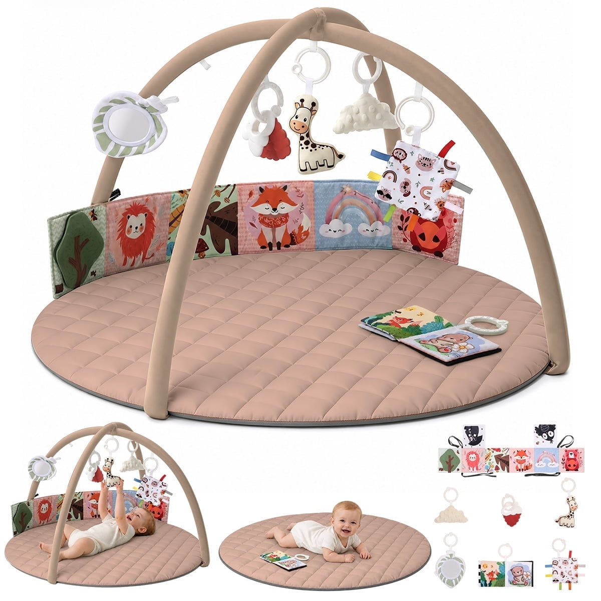 Baby Gym Play Mat, Caveen Baby Playmat Activity Mat with 6 Detachable Toys for Stage-Based Sensory & Motor Skill Development, Easy to Install & Clean, Baby Essentials, Khaki