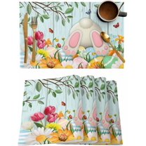 Watercolor Bunny Butt Placemats Set of 6,Washable Woven Burlap Cloth Fabric Placemat for Square/Rectangle/Round/Oval Dining Table,Easy Clean Place Mats for Kids Easter Spring Floral Eggs Leaves