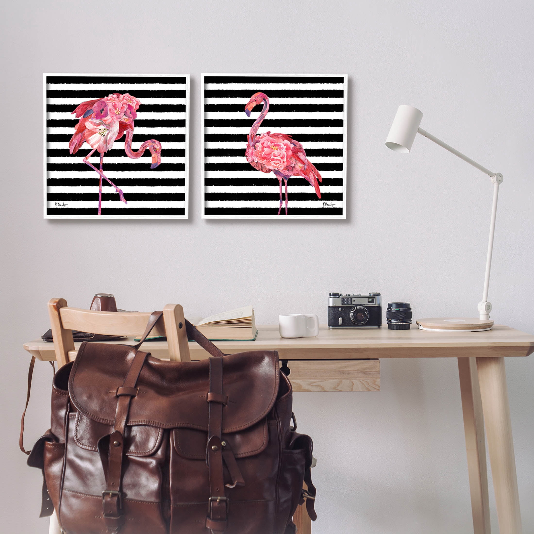 Bold Striped Flamingo Blossoms Animals & Insects Graphic Art White Framed Art Print Wall Art, Set of 2