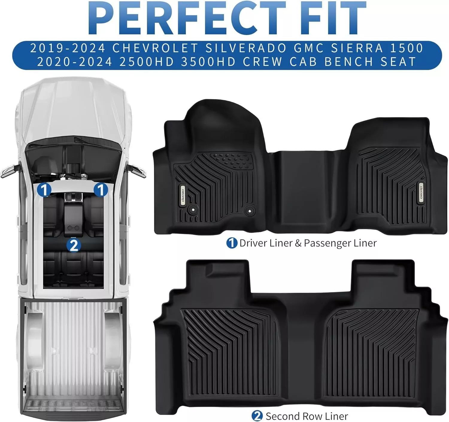 RVNI Floor Mats for 2019-2025 Chevrolet Silverado GMC Sierra 1500 & 2020-2025 2500HD 3500HD Crew Cab Bench Seat TPE All-Weather Protection Floor Liners