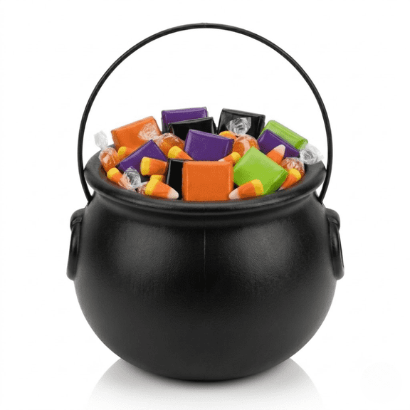 PMU Halloween Cauldron 6 Inch, Small Witch Plastic Cauldron Candy Bowl Black, For Halloween Decor pkg/1