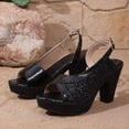 thumbnail image 4 of Platform Heels for Women Peep Toe Slingback Sandals Elegant Sequin Splice Retro Leather Party Prom Dress Shoes Black Size 9, 4 of 6