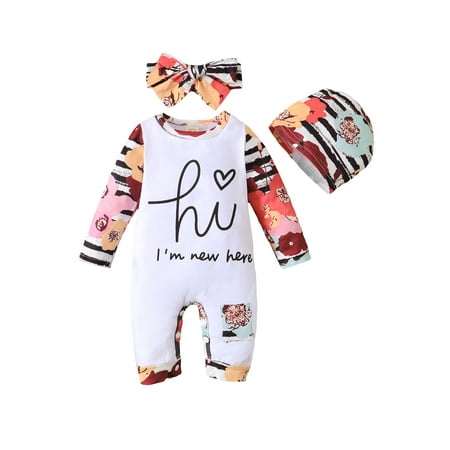 

Fanvereka Newborn Infant Baby Girl Floral Long Sleeve Romper Headband Hats 3Pcs Set