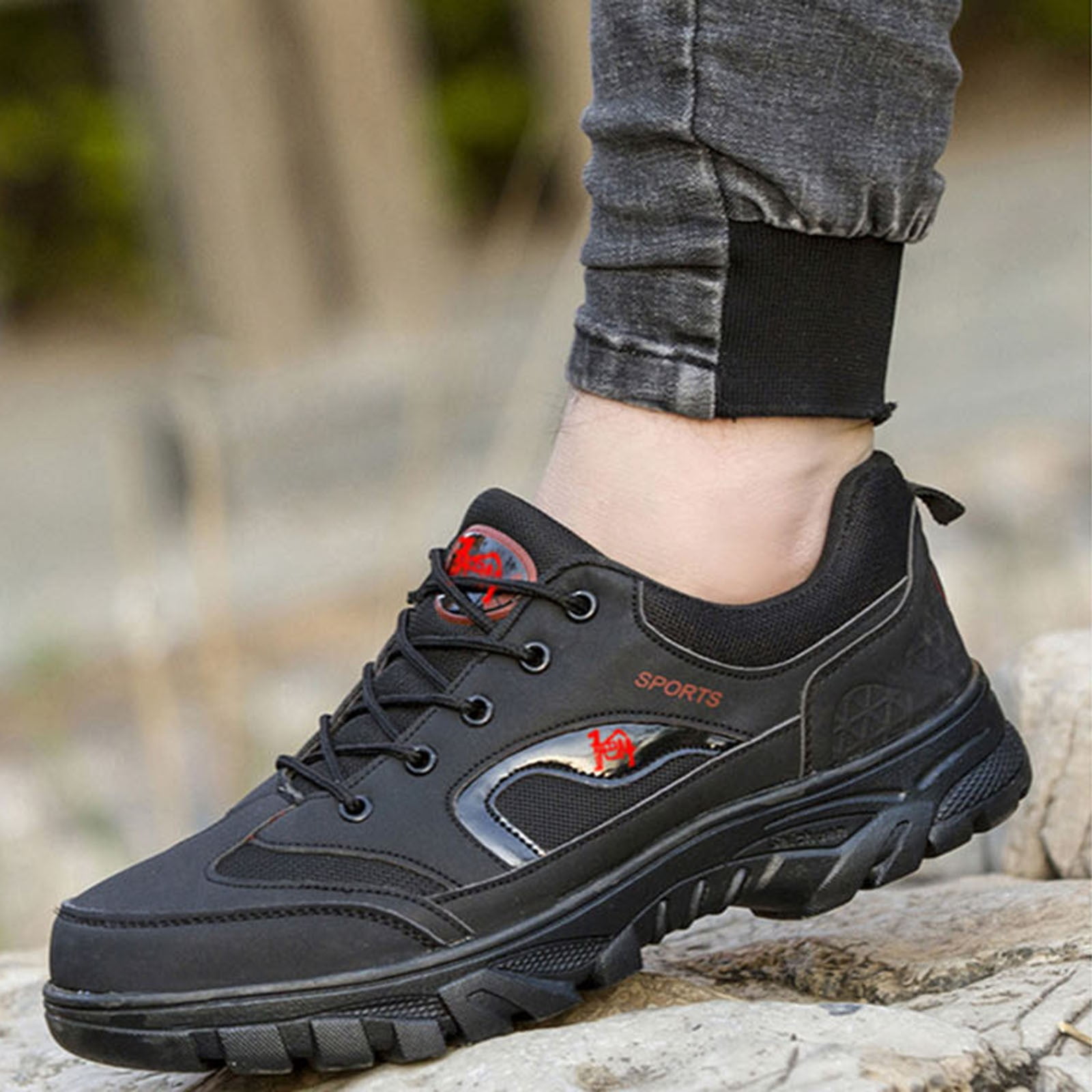 Black Men'S Hiking Shoes Round Toe Anti Slip Wear Resistant Comfortable Lightweight Outdoor Walking Footwear For All Seasons And Activities Size 41