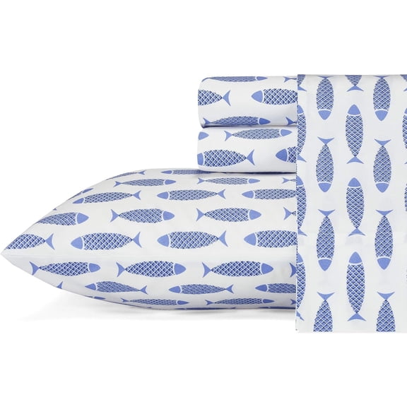 Full Size Cotton Percale Sheet Set with Pillowcases Deep Pocket Woodblock Fish Blue