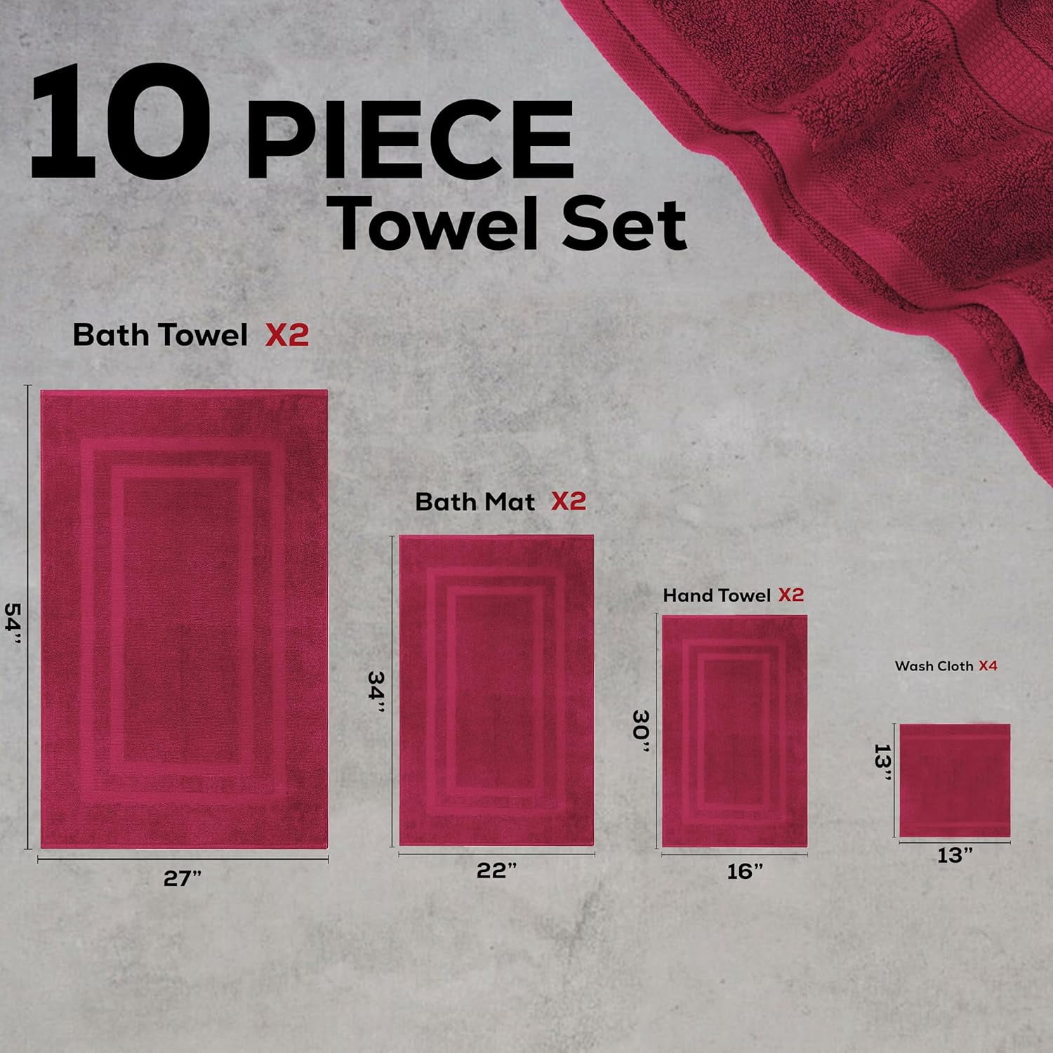 Gold Textiles Luxury 10 Piece Towel Set (Bath Mat 27x54, Hand Towel 16x30, Washcloth 13x13, Bath Mat 22x34) Ultra Plush Absorbent Cotton Towels For Bathroom (Red Wine, 10 Piece Towel Set)