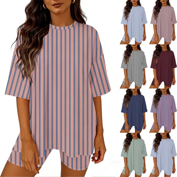 AnuYalue Womens 2 Piece Pajama Set Striped Summer Casual Oversized Short Sleeve Biker Shorts Matching Travel Outfit