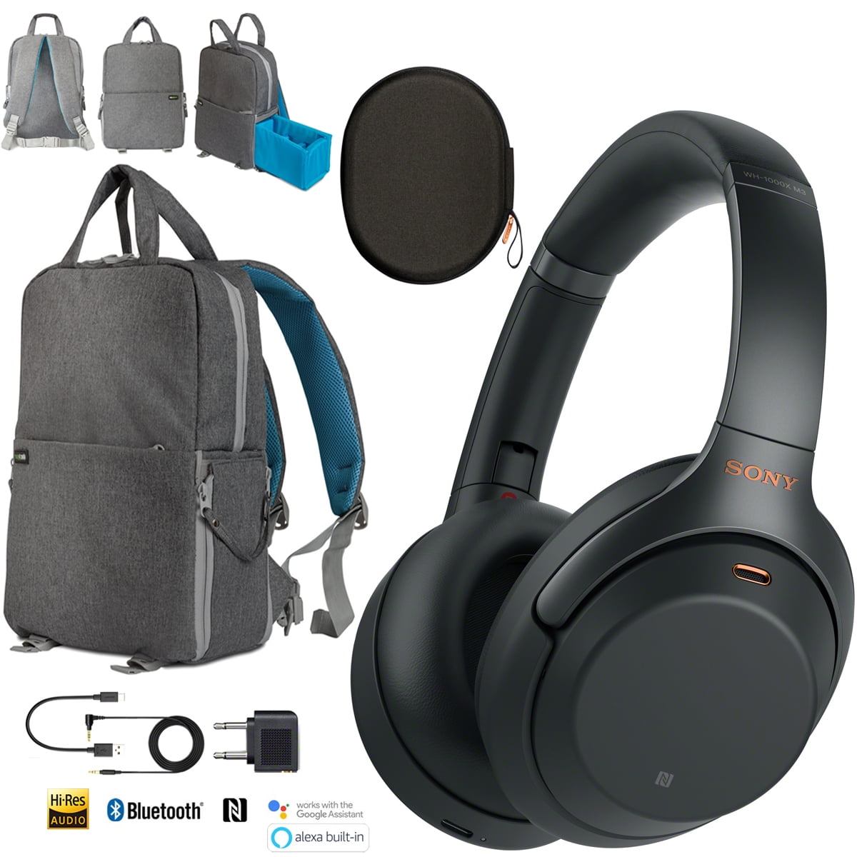Sony WH1000XM3 Premium Noise Cancelling Wireless Bluetooth Headphones with  Built In Microphone WH-1000XM3/B Black Commuter's Bundle with Deco Gear  Travel Backpack with Gadget Compartment  USB Port - Walmart.com