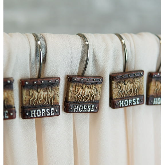Rustic Running Horses On Faux Tooled Leather Bathroom Shower Curtain Hooks 12pk